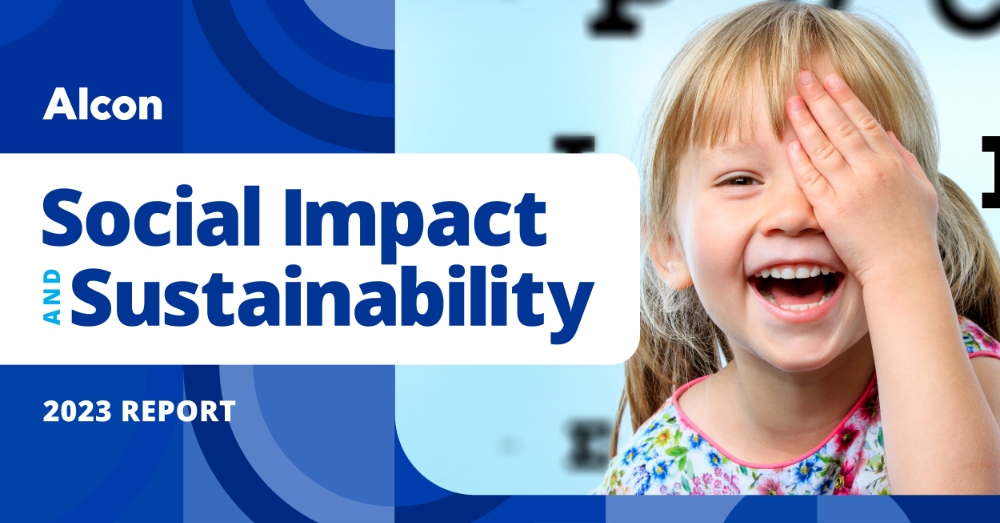 The cover of the Alcon 2023 Social Impact and Sustainability Report, showing a young girl laughing and covering one eye with her hand.